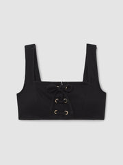 Ribbed Lace-Up Bikini Top in Black