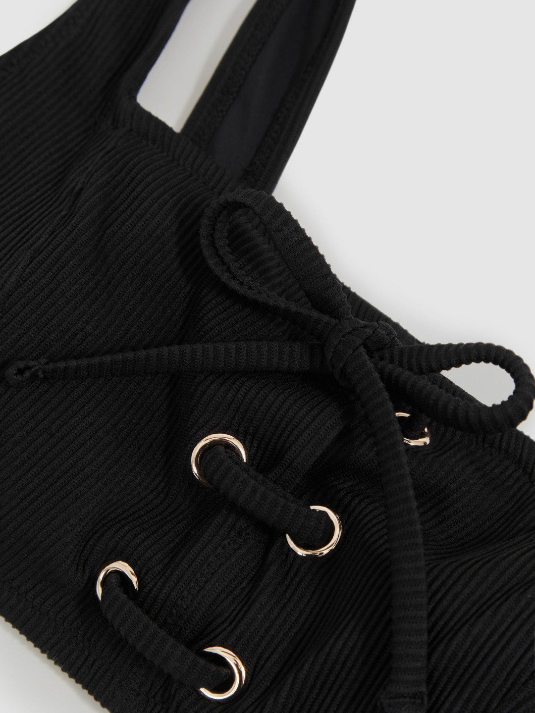 Ribbed Lace-Up Bikini Top in Black