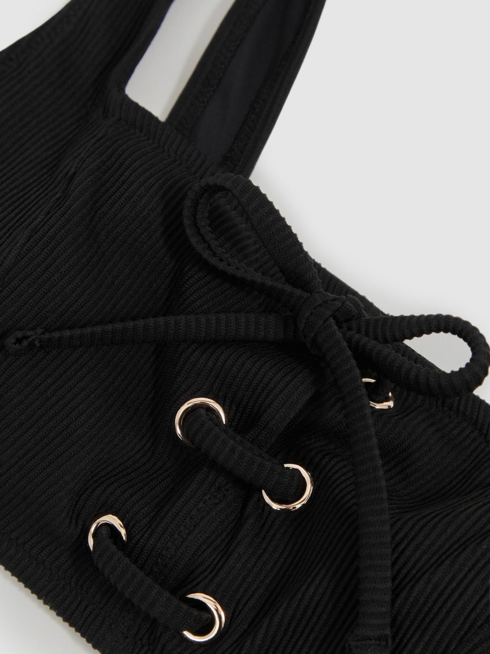 Ribbed Lace-Up Bikini Top in Black