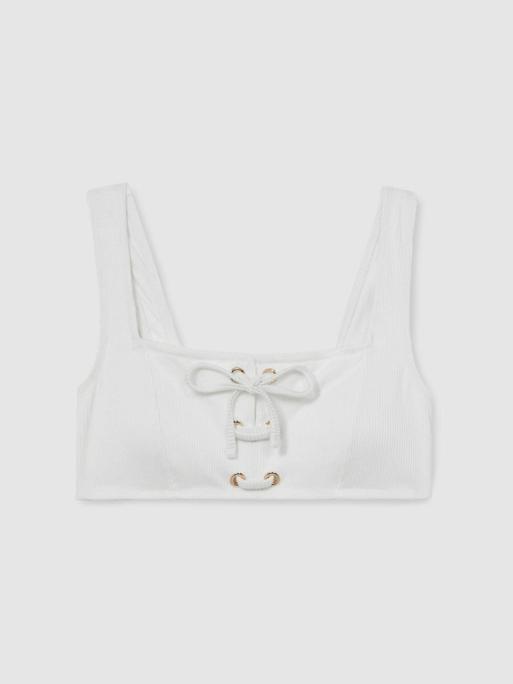 Ribbed Lace-Up Bikini Top in White