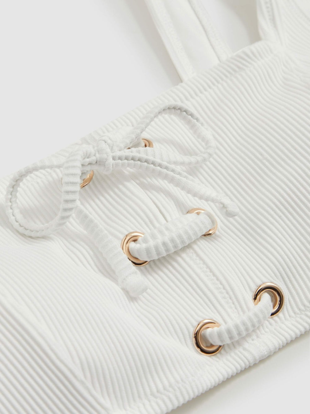 Ribbed Lace-Up Bikini Top in White