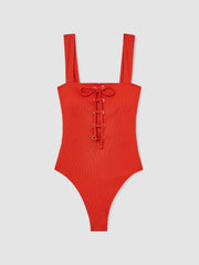 Ribbed Lace-Up Swimsuit in Orange