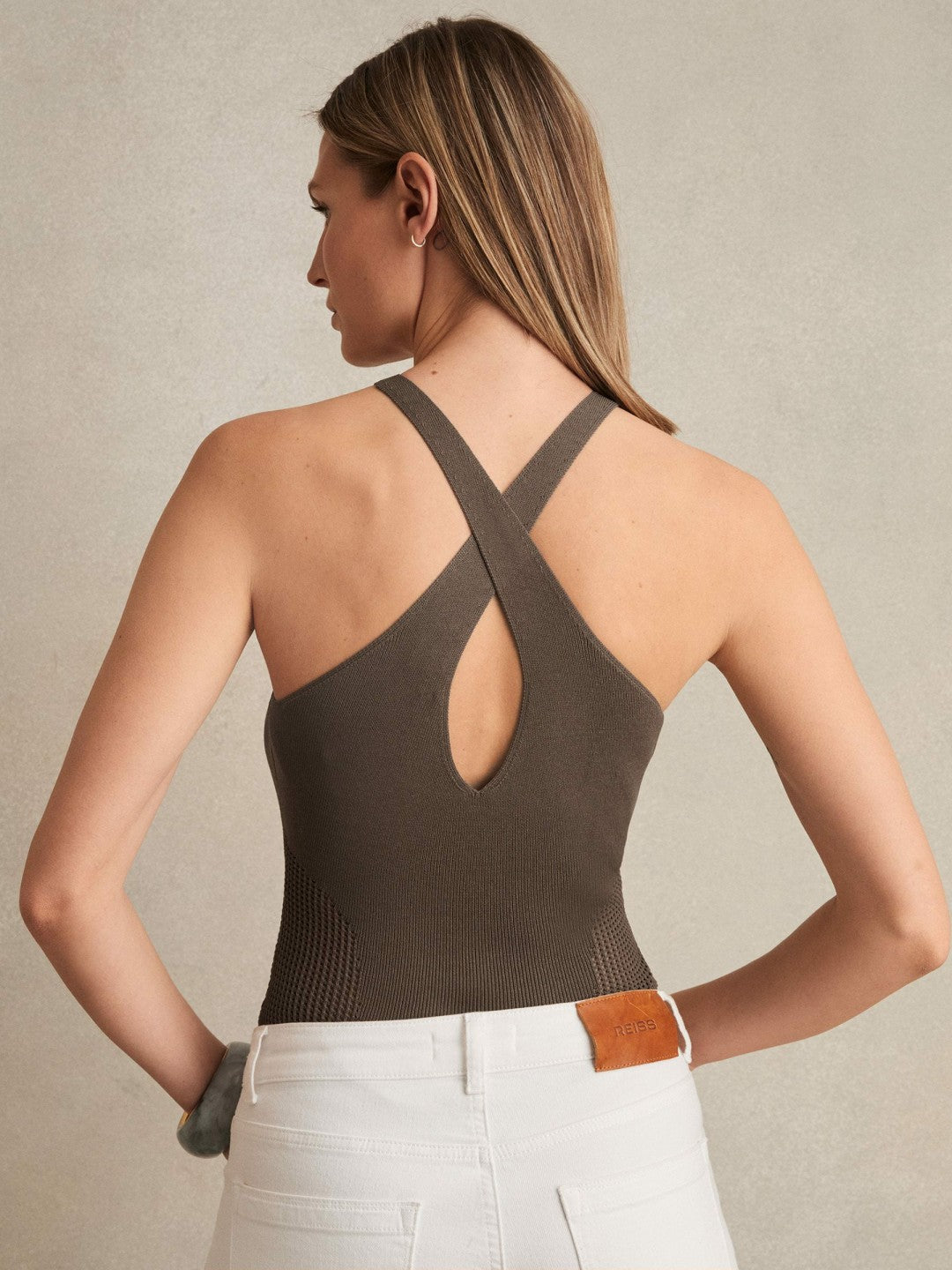 Perforated-Knit Cross-Strap Bodysuit in Mink