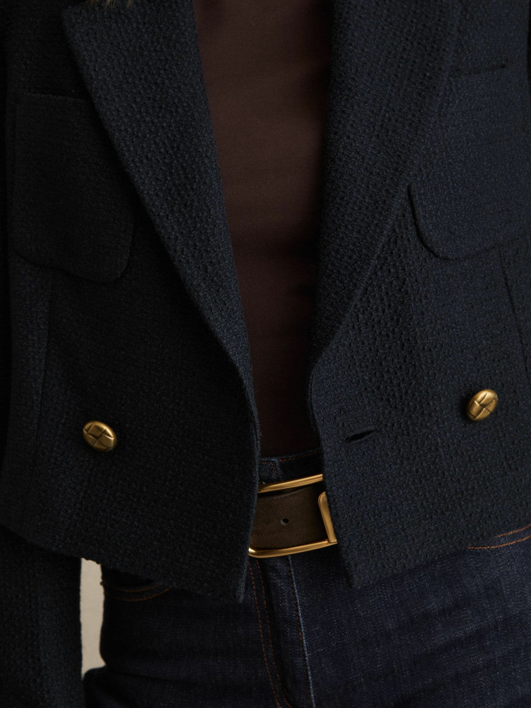 Double-Breasted Textured Cropped Blazer with Wool and Cotton in Navy