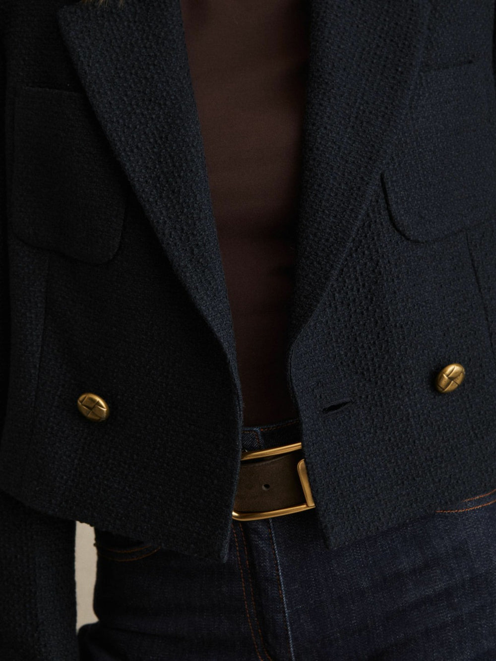 Double-Breasted Textured Cropped Blazer with Wool and Cotton in Navy