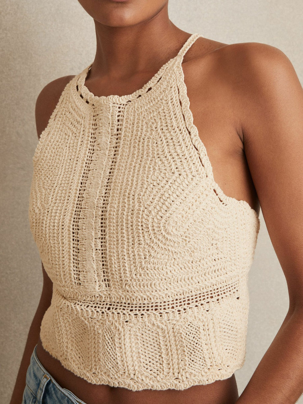 Cotton Crochet Tie-Back Cropped Top in Cream