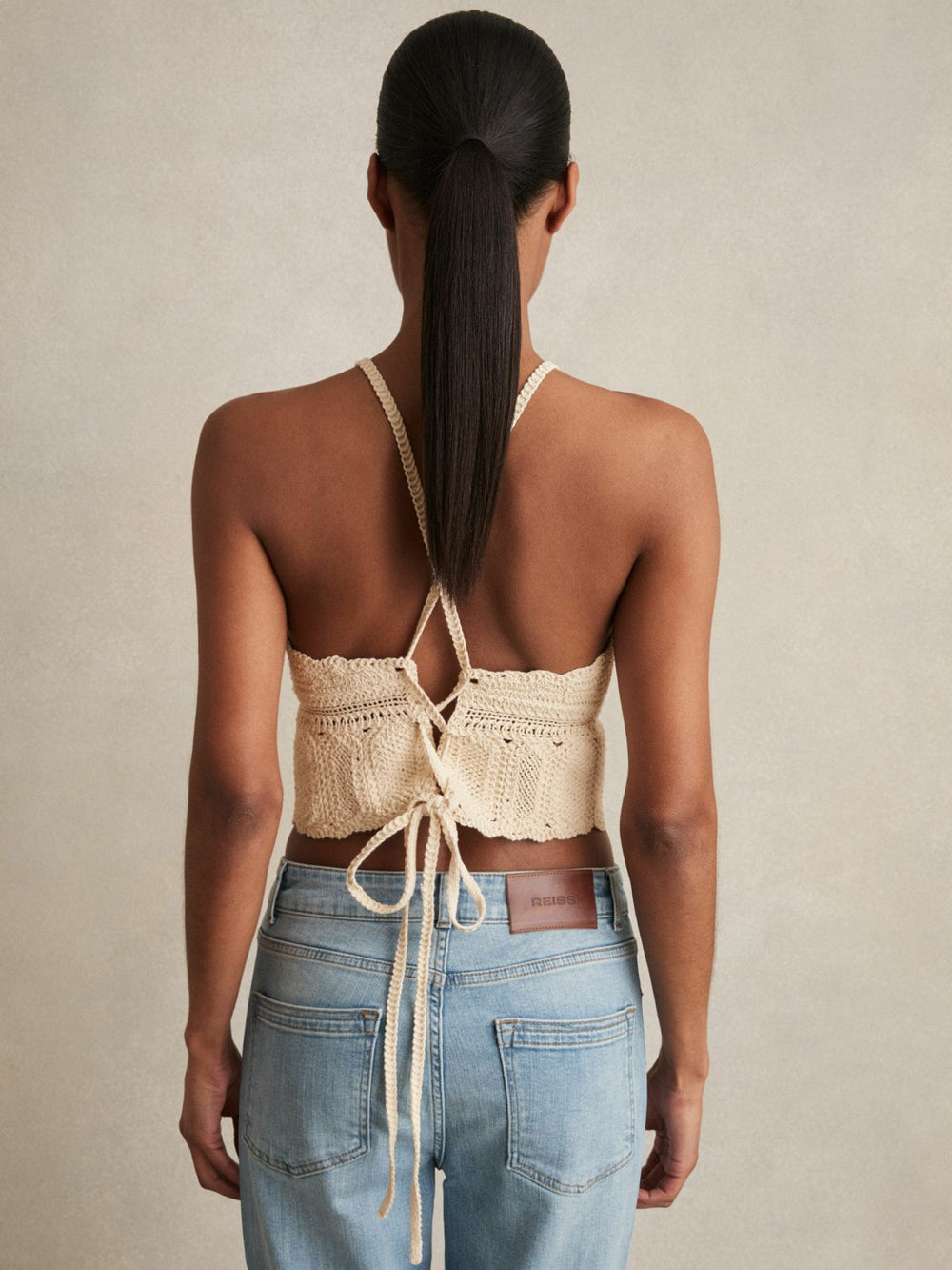 Cotton Crochet Tie-Back Cropped Top in Cream