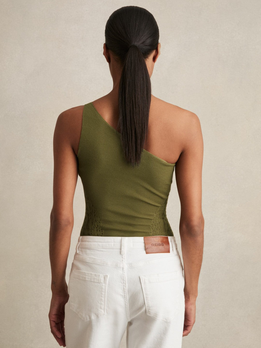 Lace-Knit Detail One-Shoulder Bodysuit in Green