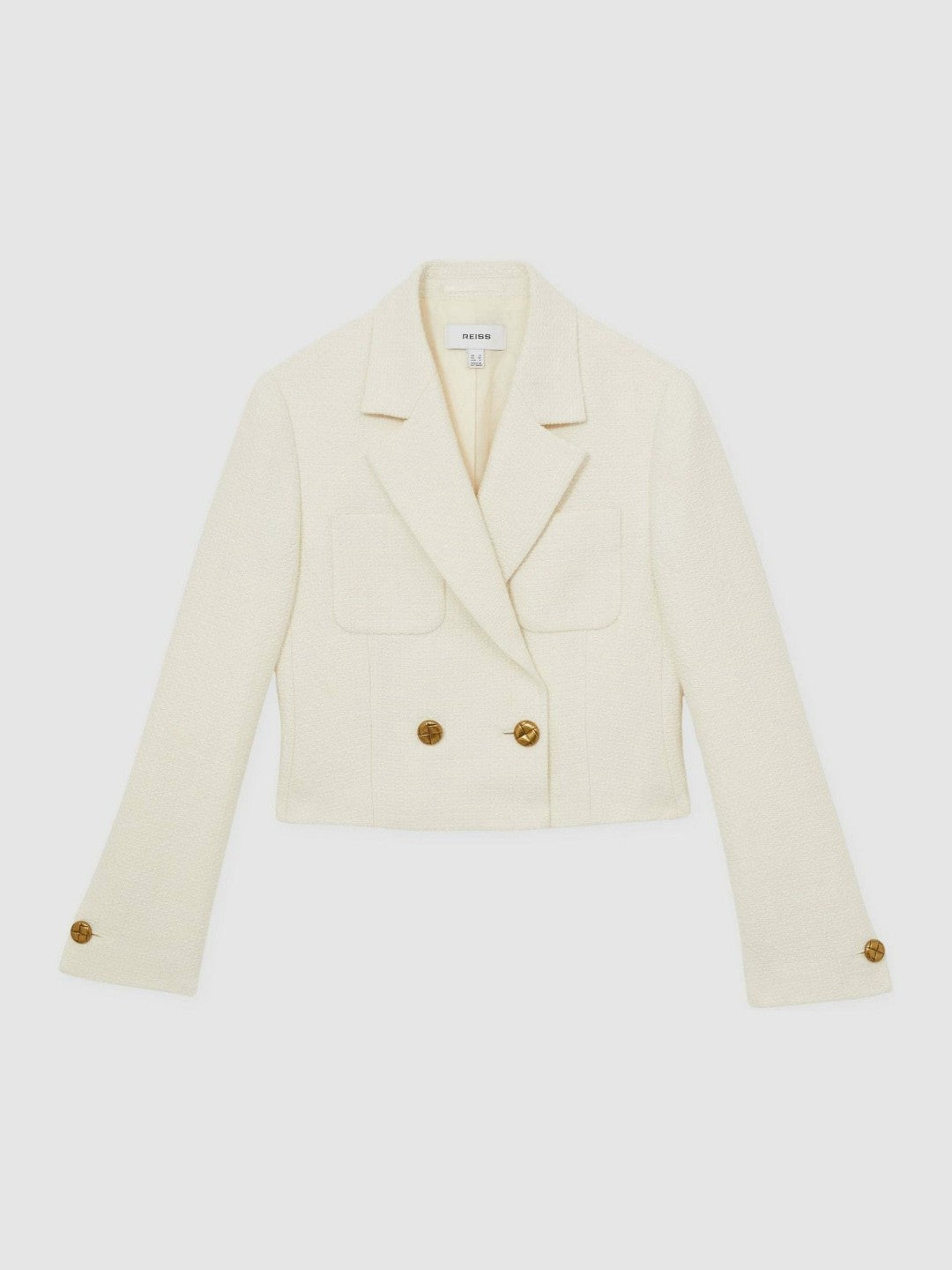 Double-Breasted Textured Cropped Blazer with Wool and Cotton in White