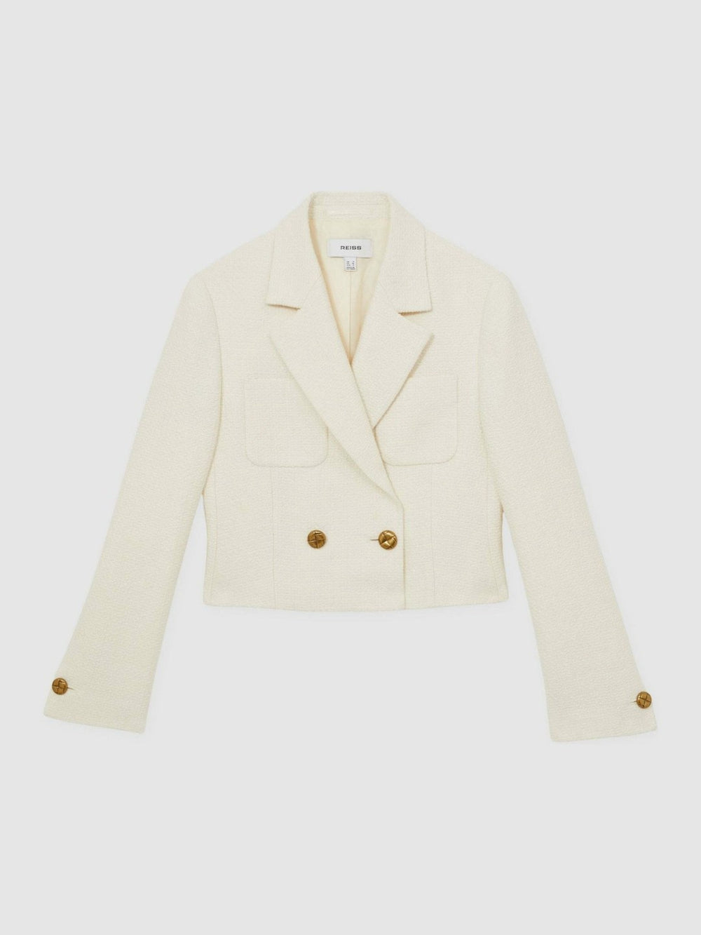 Double-Breasted Textured Cropped Blazer with Wool and Cotton in White