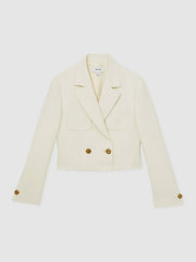 Double-Breasted Textured Cropped Blazer with Wool and Cotton in White