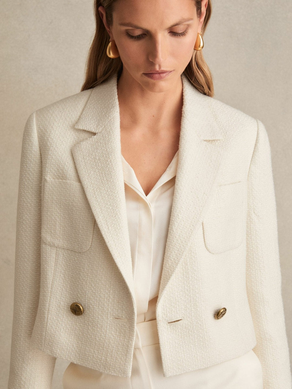 Double-Breasted Textured Cropped Blazer with Wool and Cotton in White