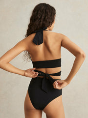 Plunge Tie Halterneck Bikini Top in Black