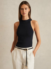 Rib Knit High Neck Vest in Navy