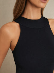 Rib Knit High Neck Vest in Navy