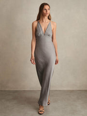 Crushed Satin Tie Back Slip Dress in Grey