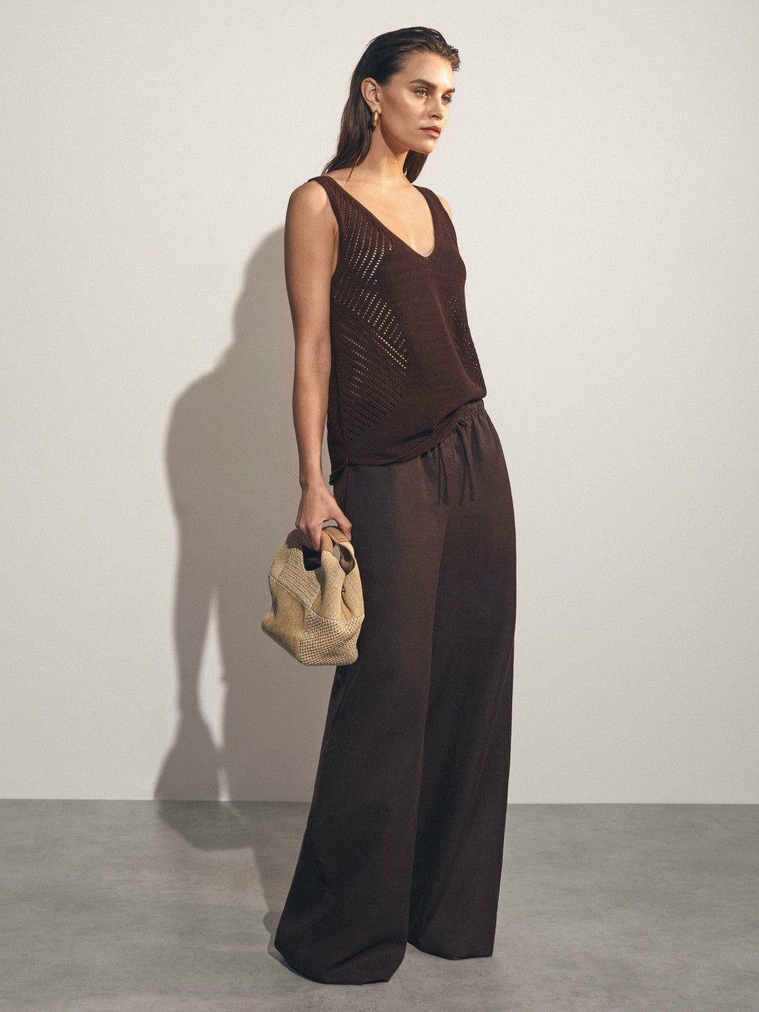 Cotton Blend Open Knit Vest in Chocolate Brown