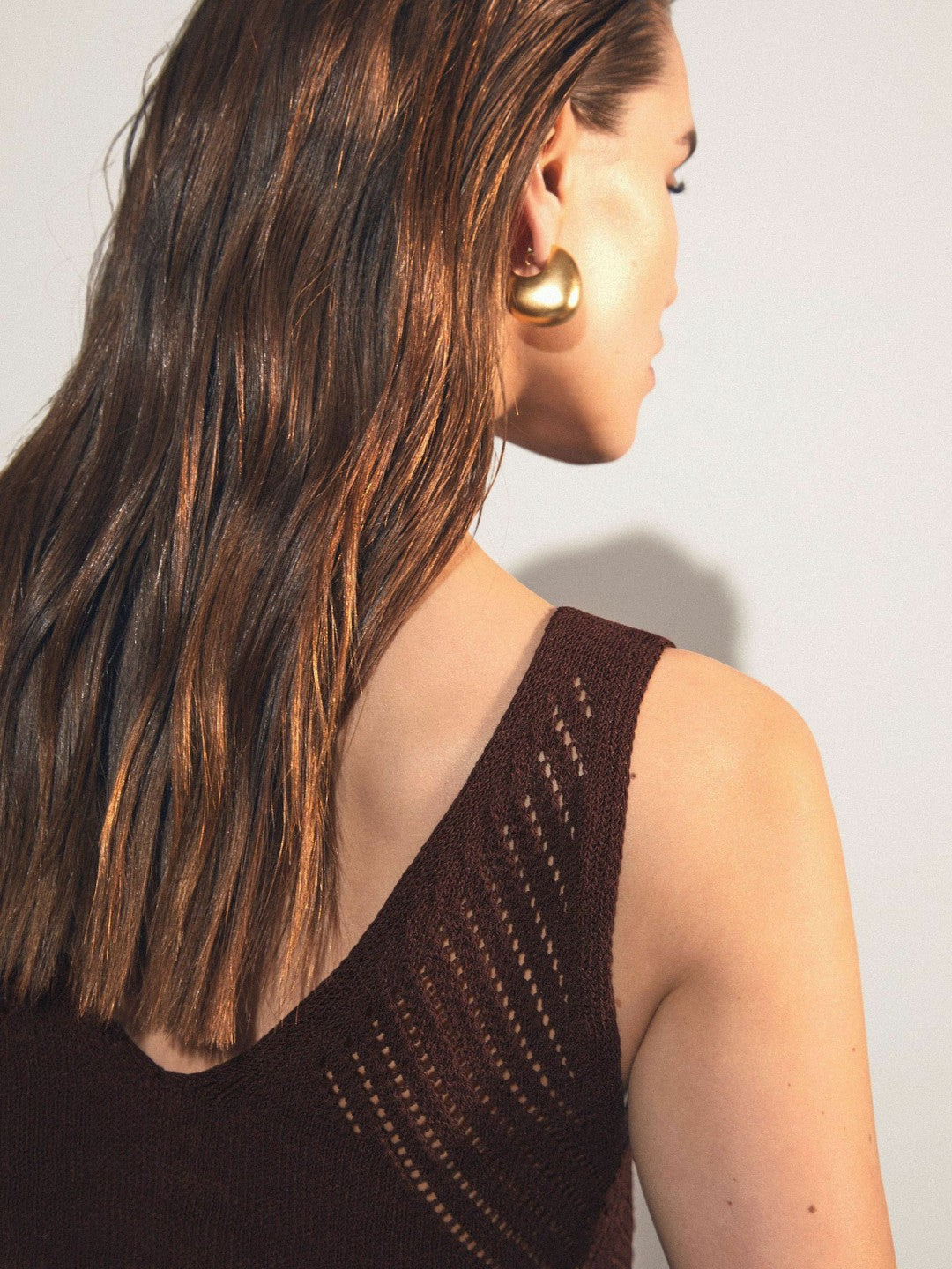 Cotton Blend Open Knit Vest in Chocolate Brown