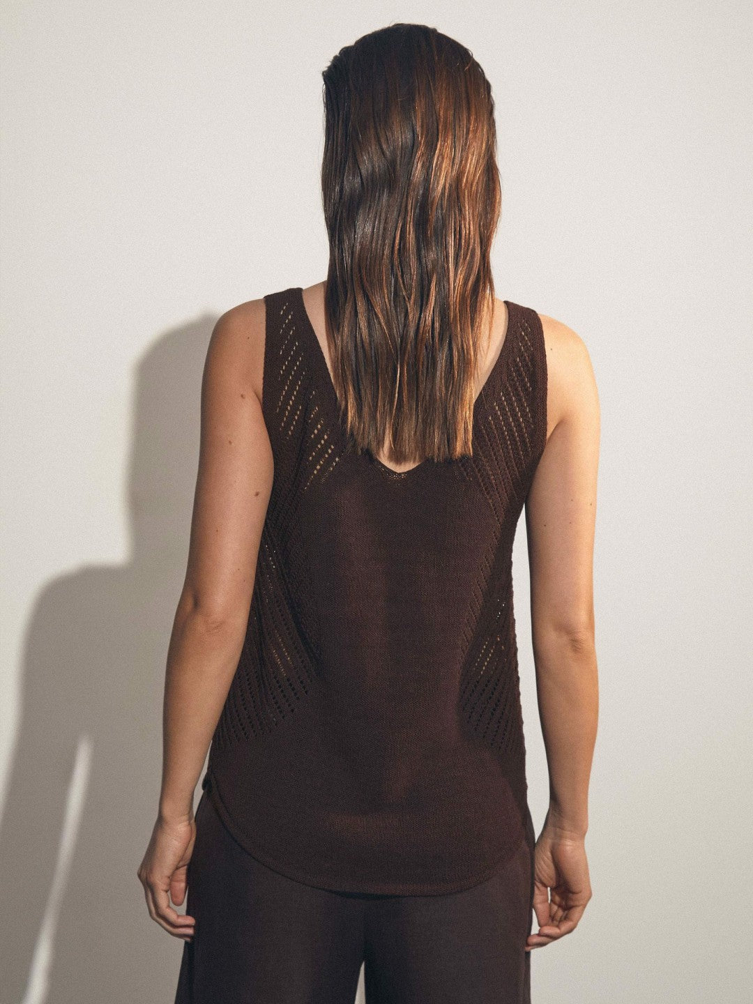 Cotton Blend Open Knit Vest in Chocolate Brown