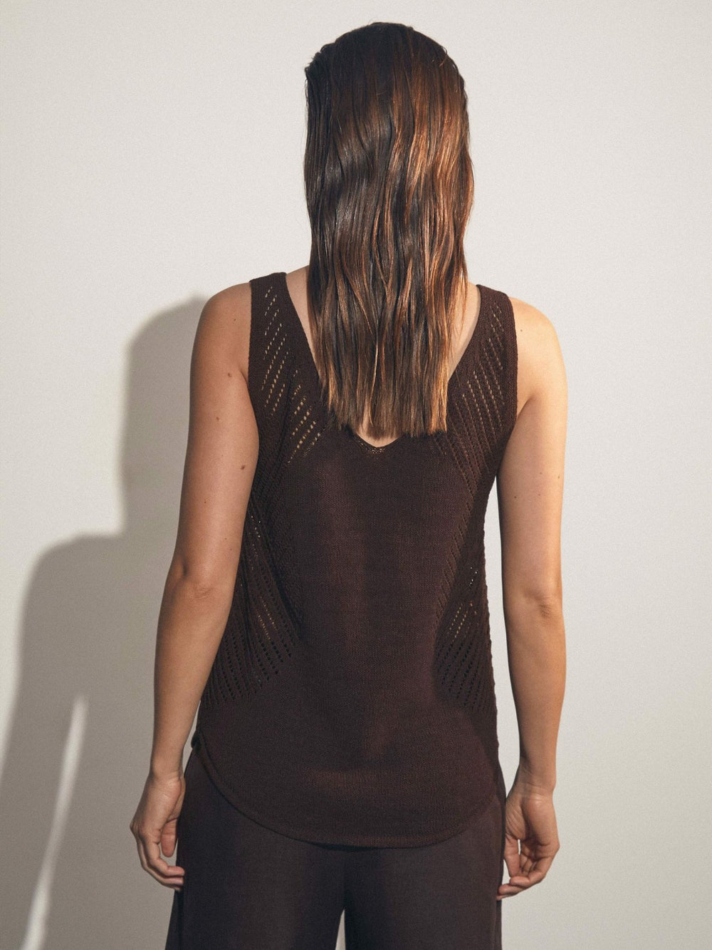 Cotton Blend Open Knit Vest in Chocolate Brown