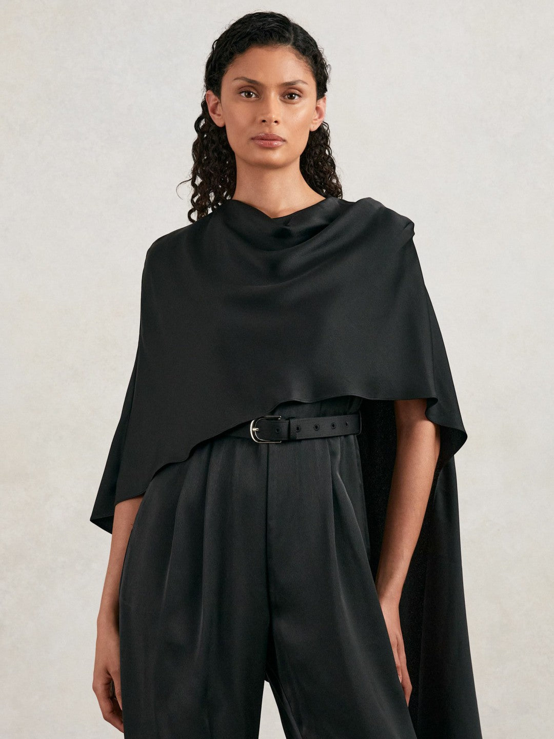 Halston Crepe Wide Leg Cape Jumpsuit in Black