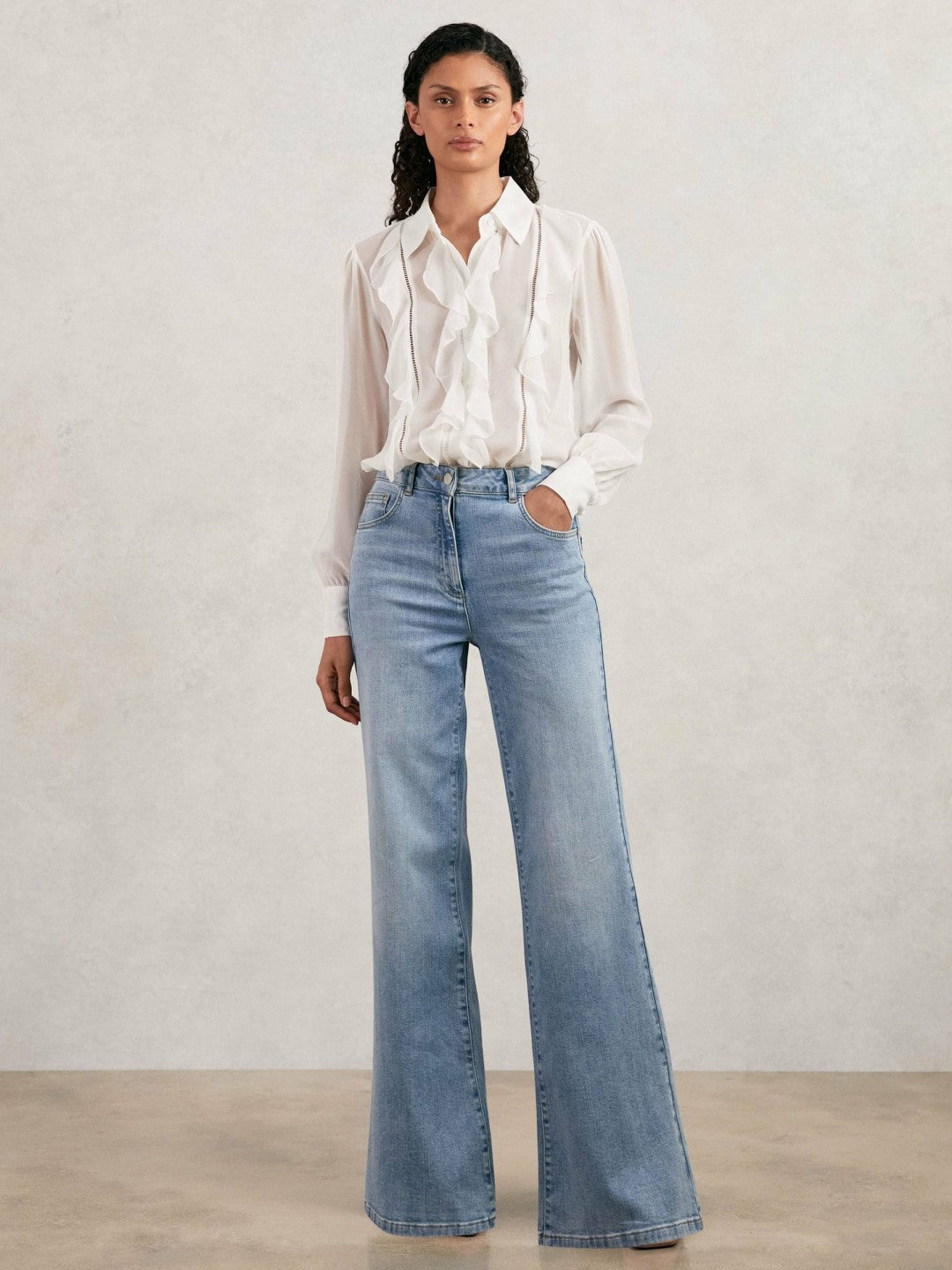 Paige Silk Georgette Ruffle Trim Shirt in White