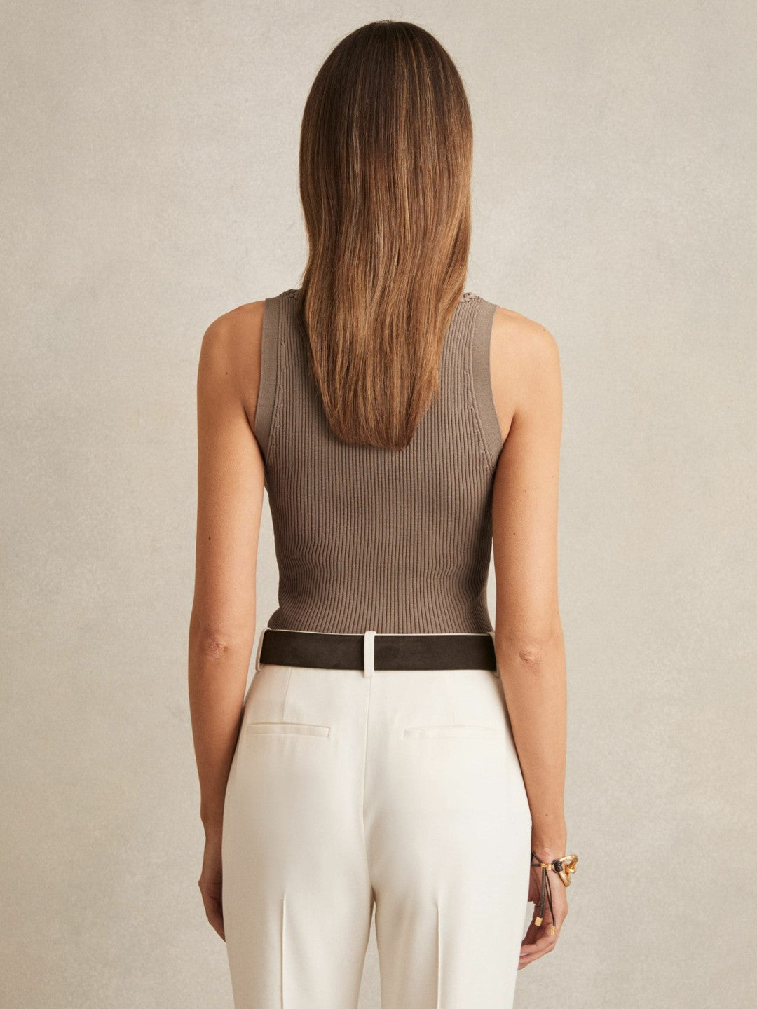Craft-Stitch Rib-Knit Vest in Mink