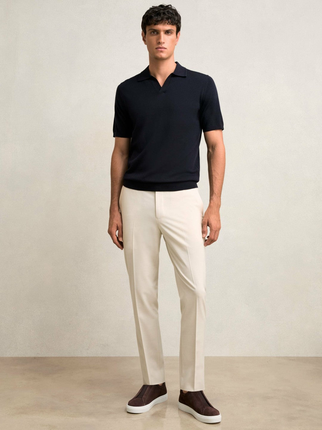 Slim-Fit Internal-Drawstring Trousers in Stone
