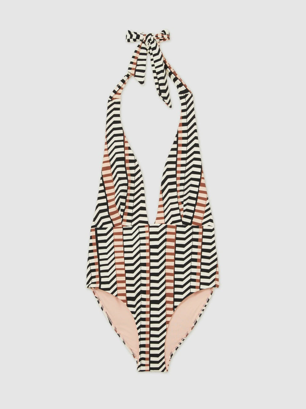 Chevron Stripe Plunge Swimsuit in Black/Brown
