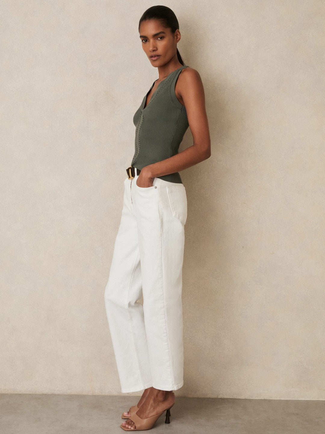 Craft-Stitch Rib-Knit Vest in Khaki Green