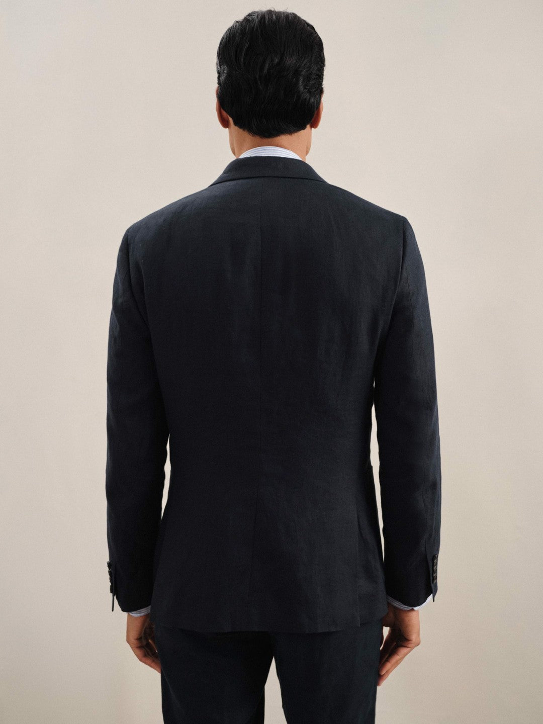 Linen Double-Breasted Suit Slim-Fit Blazer in Navy