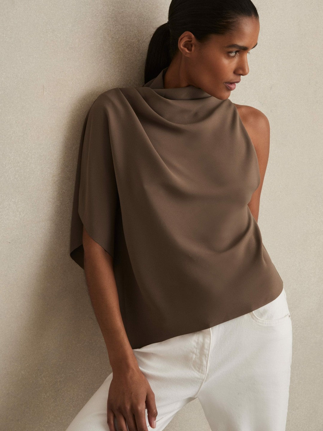 One-Shoulder Draped Top in Mink