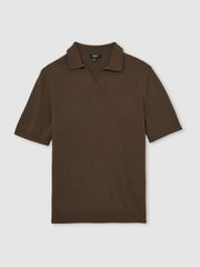 Merino Wool Open Collar Polo Shirt in Chocolate Brown