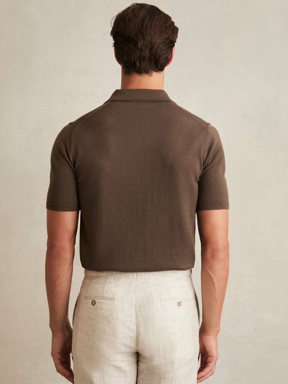 Merino Wool Open Collar Polo Shirt in Chocolate Brown