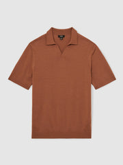 Merino Wool Open Collar Polo Shirt in Cinnamon Brown