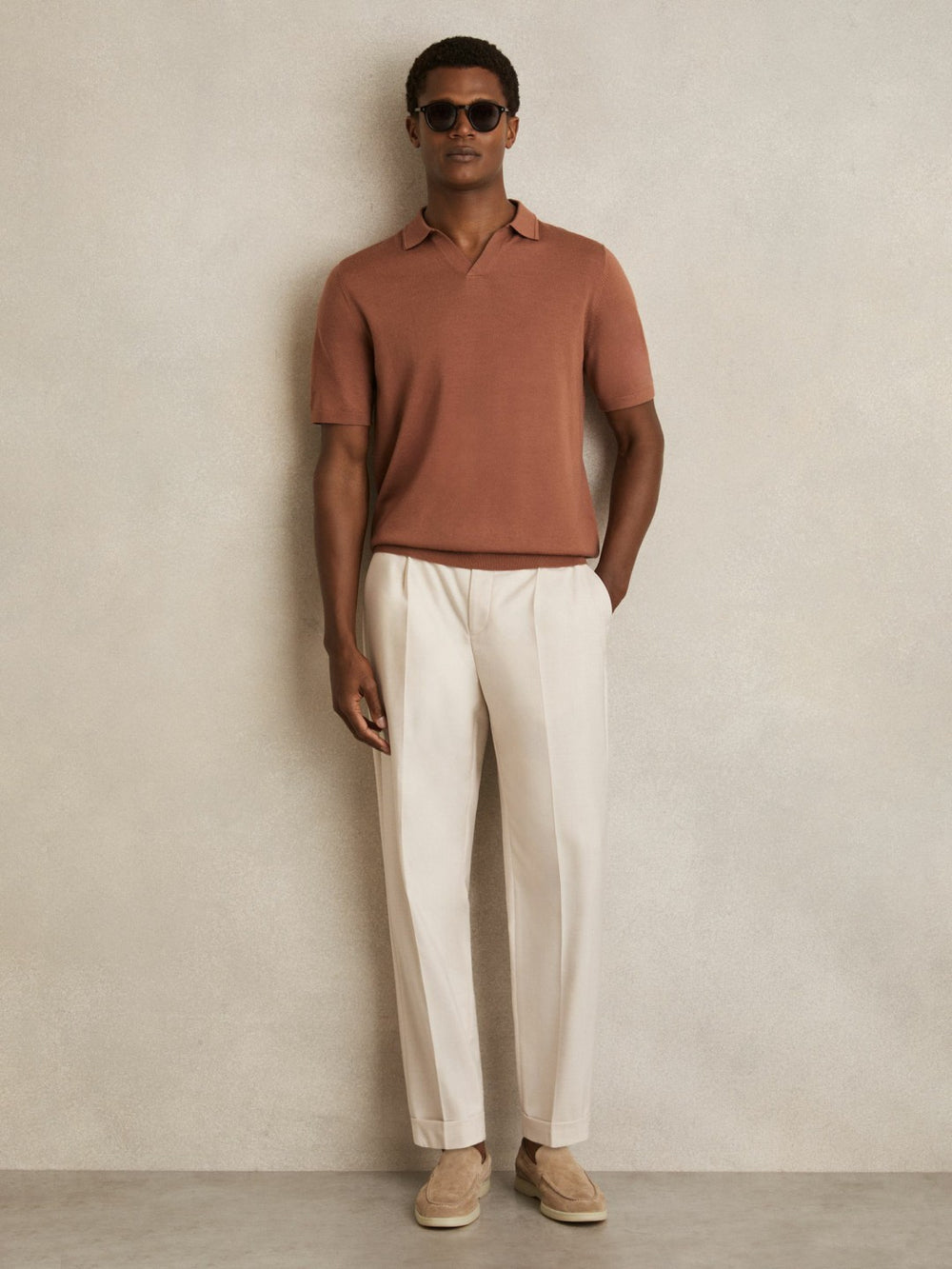 Merino Wool Open Collar Polo Shirt in Cinnamon Brown