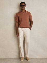Merino Wool Open Collar Polo Shirt in Cinnamon Brown