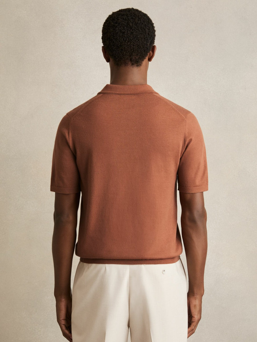Merino Wool Open Collar Polo Shirt in Cinnamon Brown