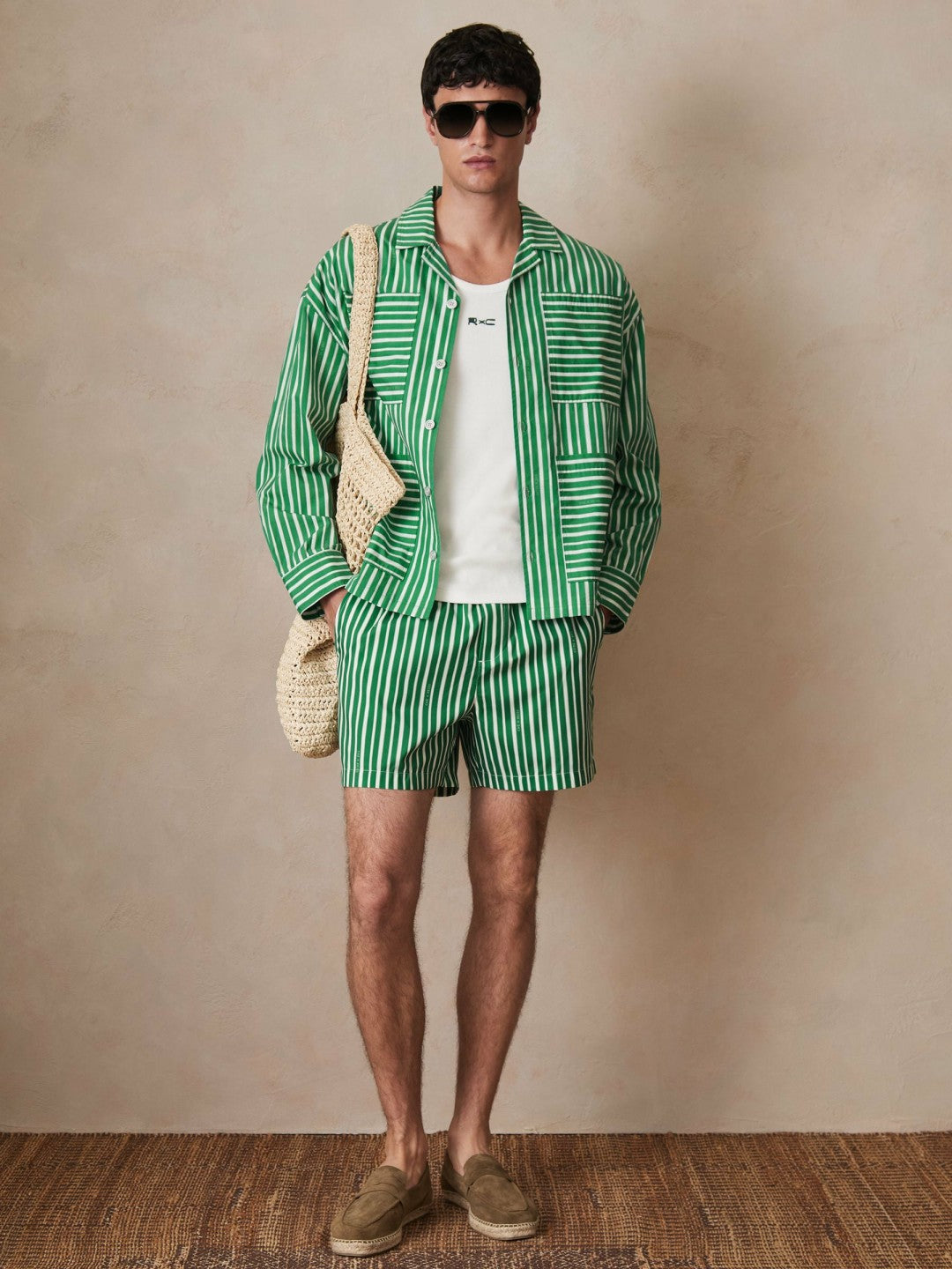 | Ché Poplin Stripe Pocket Shirt in Bright Green/White