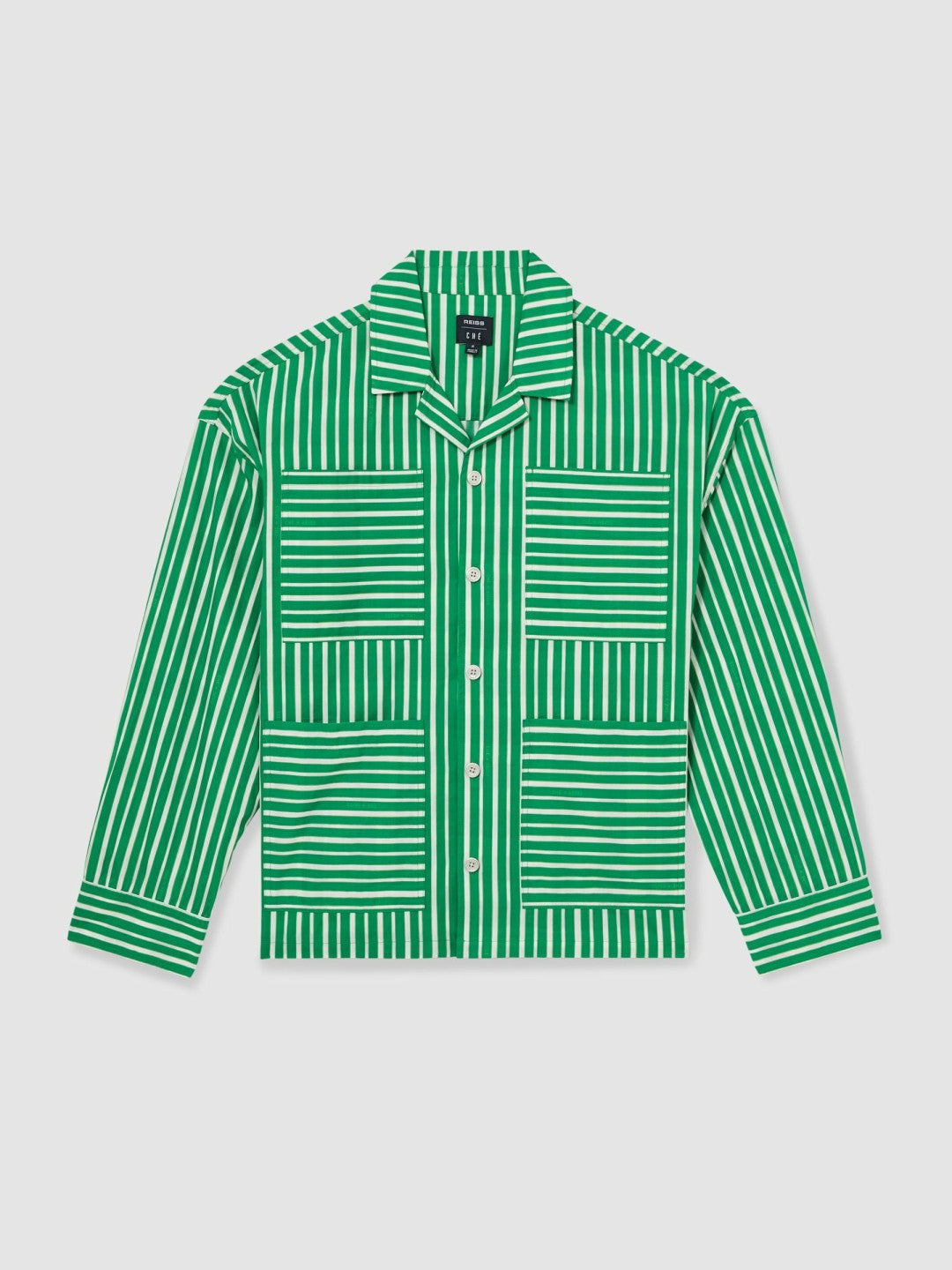 | Ché Poplin Stripe Pocket Shirt in Bright Green/White