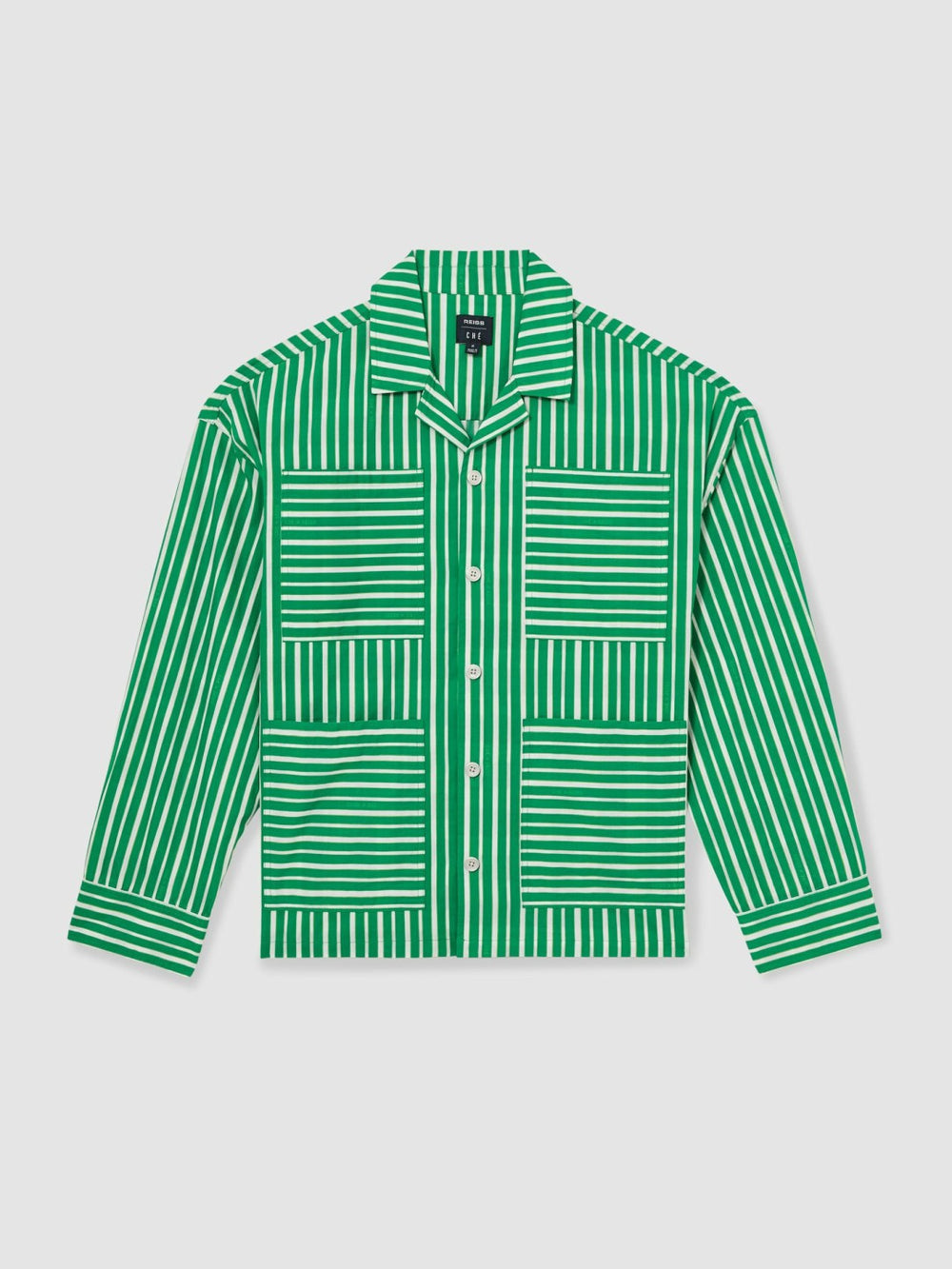 | Ché Poplin Stripe Pocket Shirt in Bright Green/White
