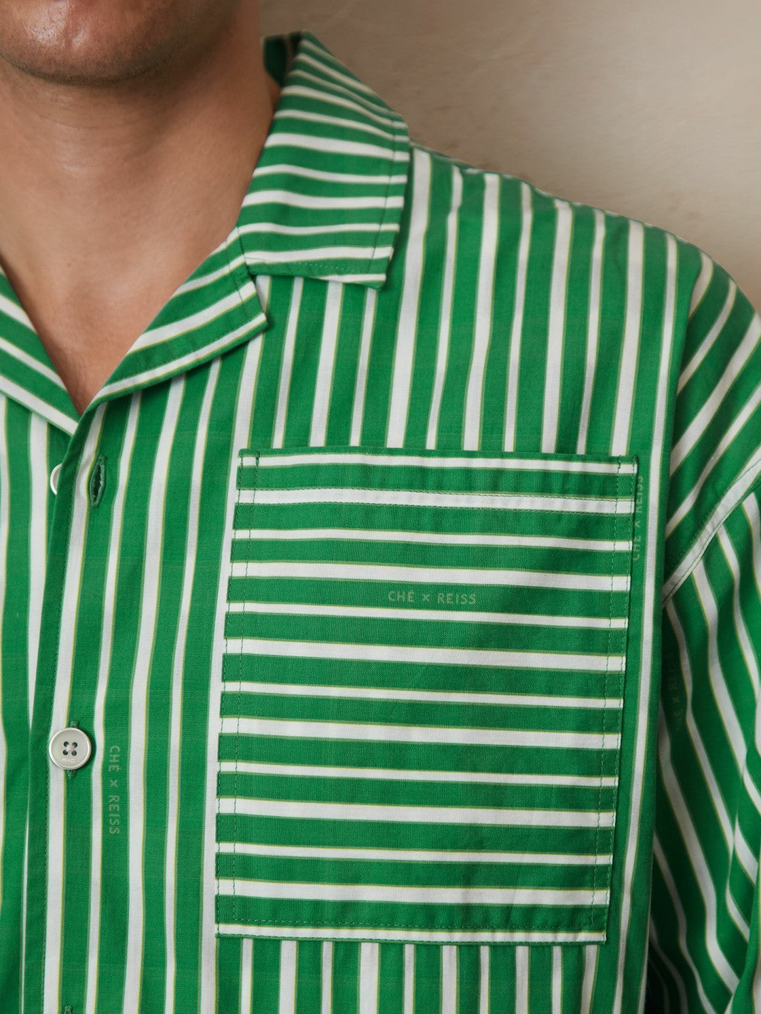 | Ché Poplin Stripe Pocket Shirt in Bright Green/White
