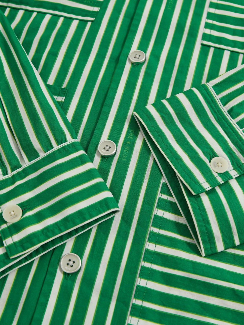 | Ché Poplin Stripe Pocket Shirt in Bright Green/White