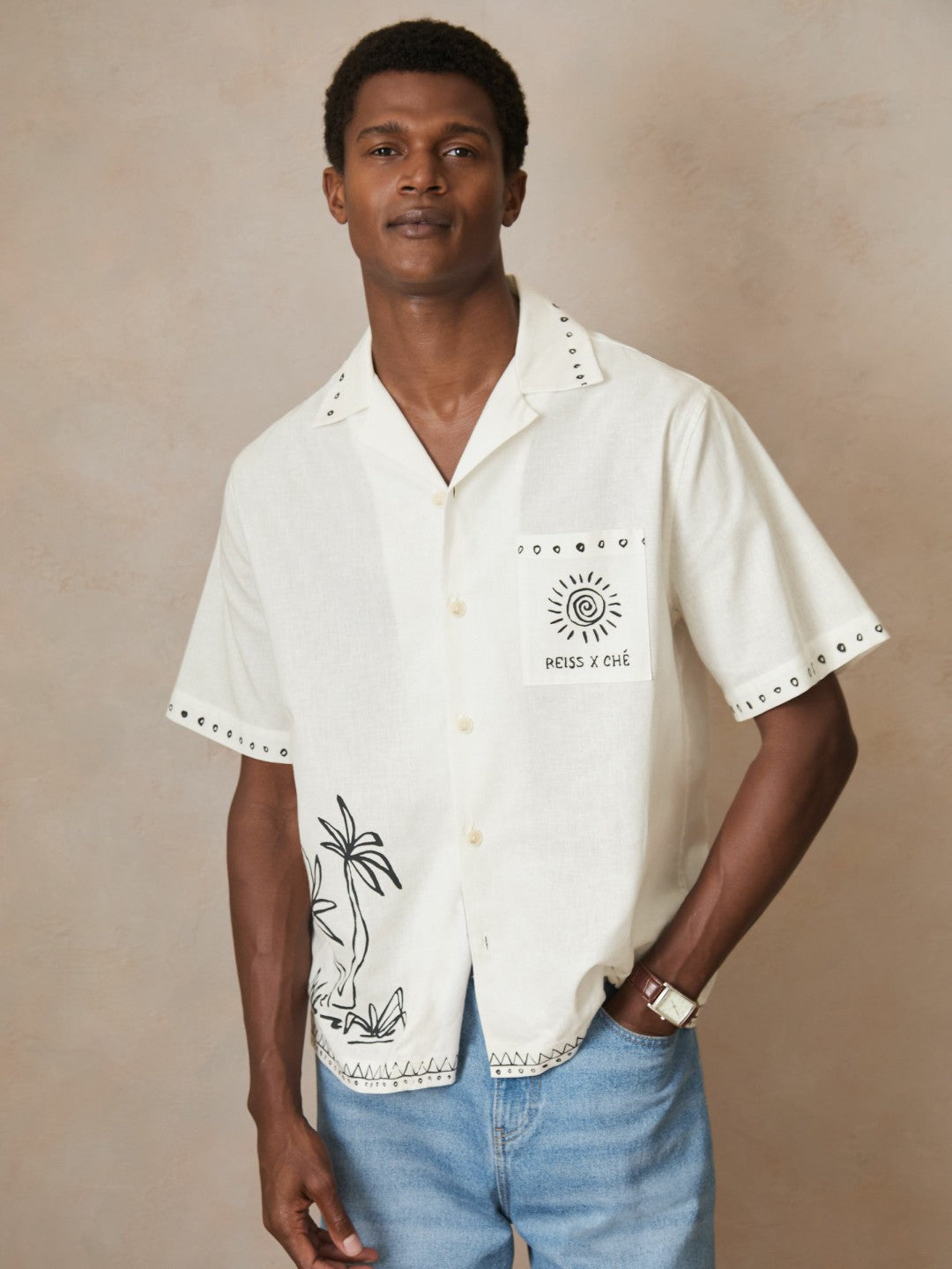 | Ché Cotton-Linen Palm Shirt in White