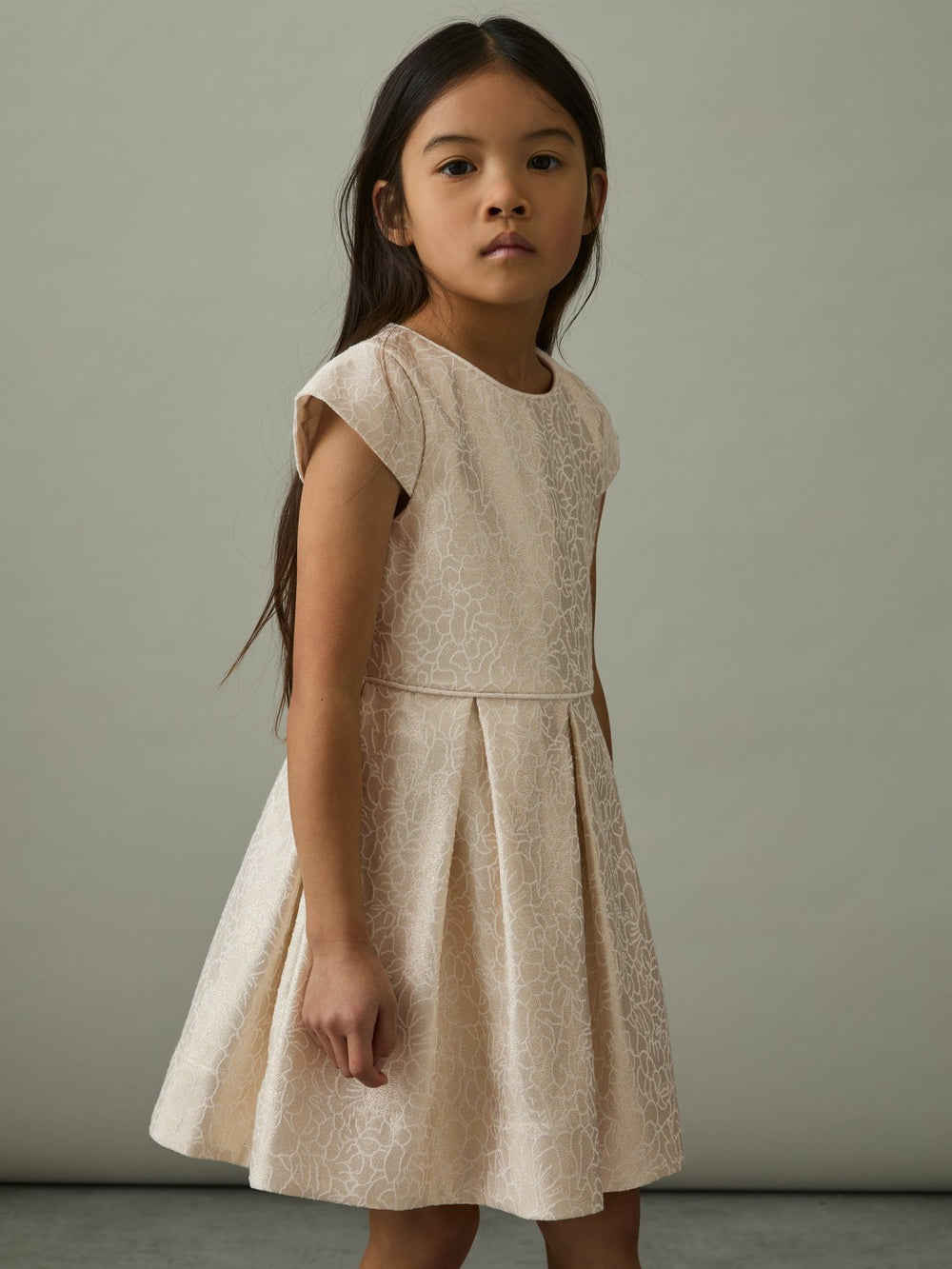 9-13 yrs Brocade Cap-Sleeve Pleated Dress in Ivory