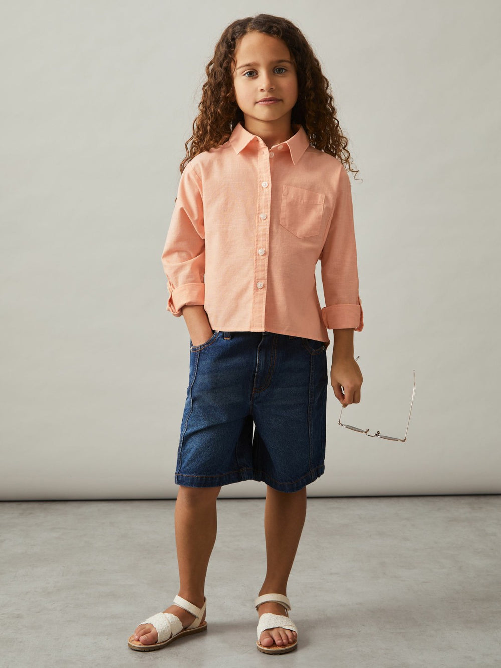 4-9 yrs Linen Roll-Cuff Shirt in Peach