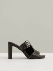 Leather Buckle Block-Heel Sandals in Black