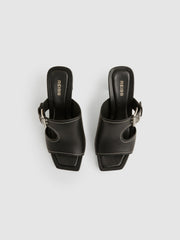 Leather Buckle Block-Heel Sandals in Black