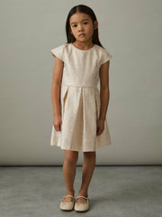 13-14 yrs Brocade Cap-Sleeve Pleated Dress in Ivory