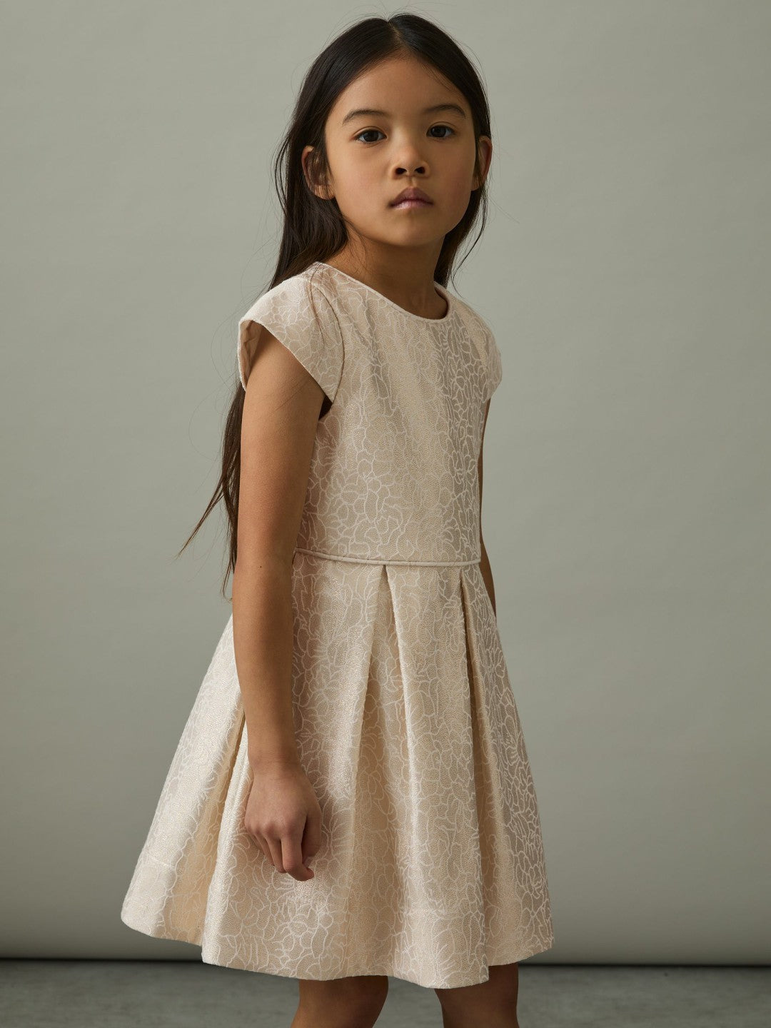4-9 yrs Brocade Cap-Sleeve Pleated Dress in Ivory